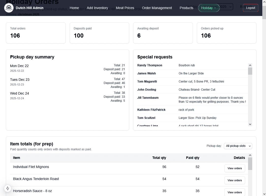 Dutch Hill Farm — Holiday Ordering Platform